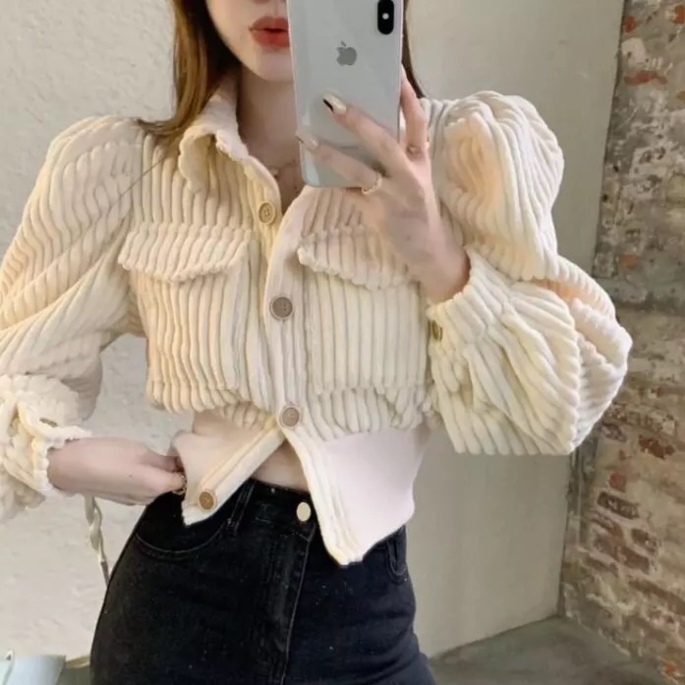 Corduroy jacket sweater bomber pocket ivory cream button womens